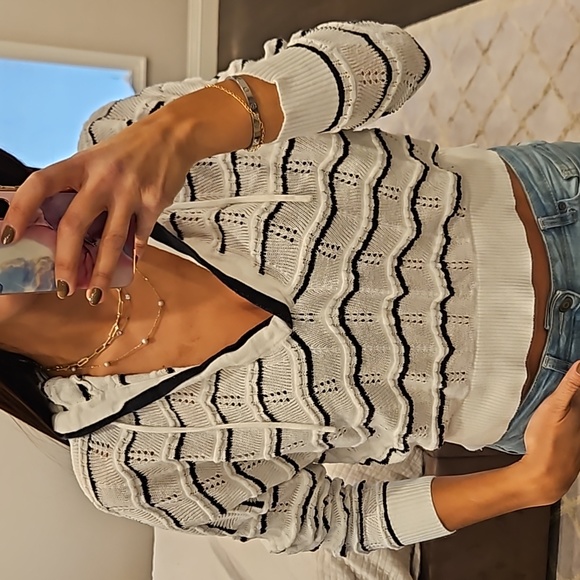 Central Park West Tops - Central Park West White and Black Stripe Knit Hoodie Sweatshirt